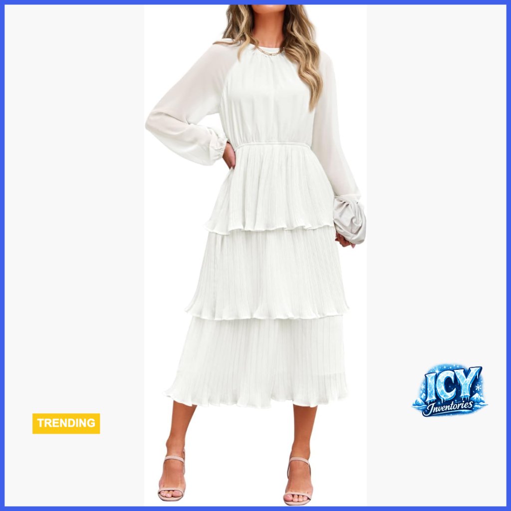 Chiffon Swing Midi Dress With Ruffle Tiered Hem And Long Lantern Sleeves